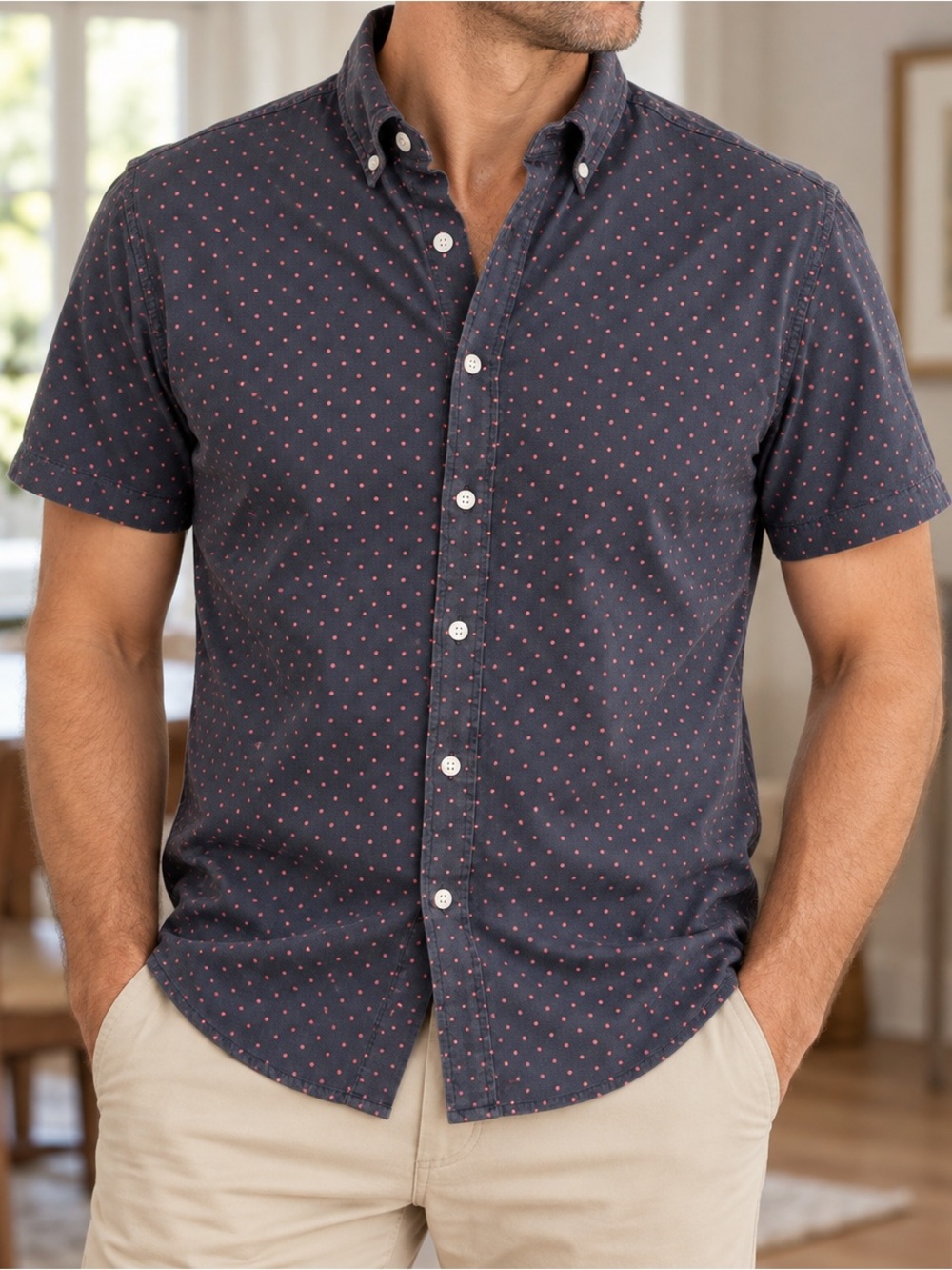 Bonobos Riviera Shirt Mens L Slim Fit Navy Pink Dot Short Sleeve